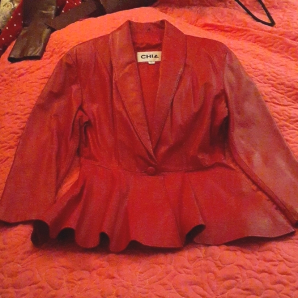 Vintage 1980s CHIA Red Leather Jacket with Peplum